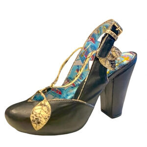 Miss L-FIRE, NWOT, size 37 leather shoe, black with snakeskin leaf detail.
